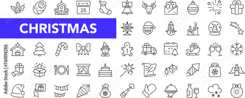 Merry Christmas icon set with editable stroke. Xmas thin line icon collection. Vector illustration