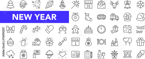 New year holiday icon set with editable stroke. Merry Christmas and Happy New Year thin line icon collection. Vector illustration