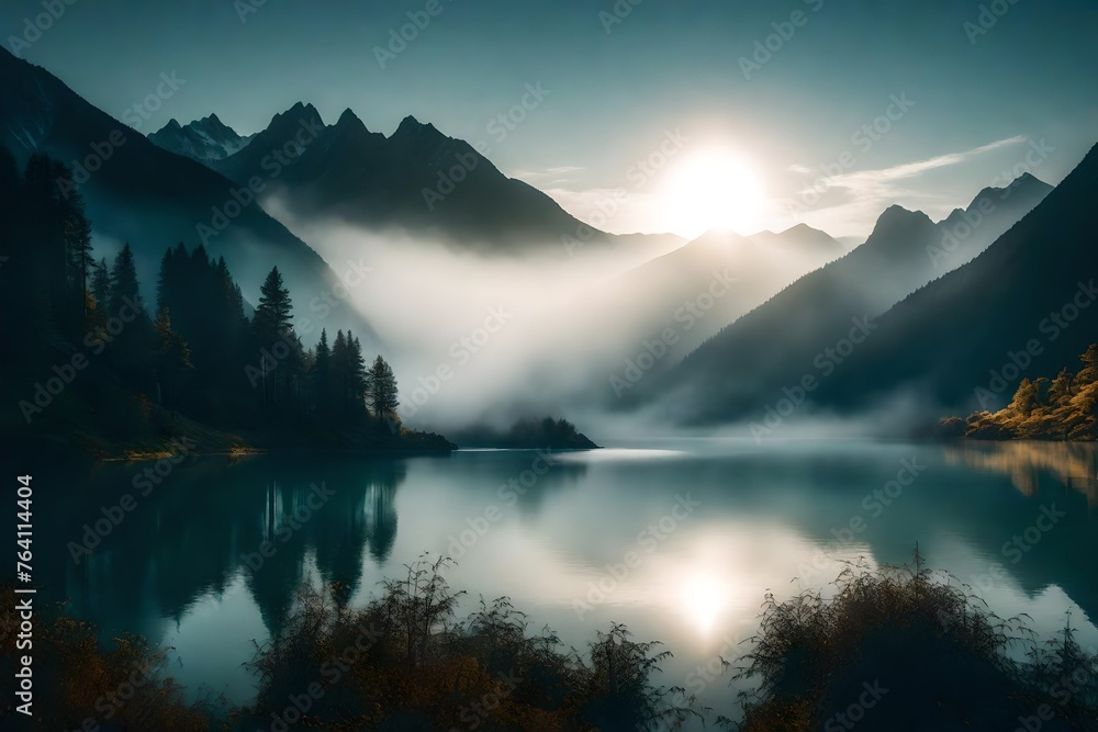 A mystical mist hovering over a tranquil lake surrounded by towering mountains shrouded in secrecy.