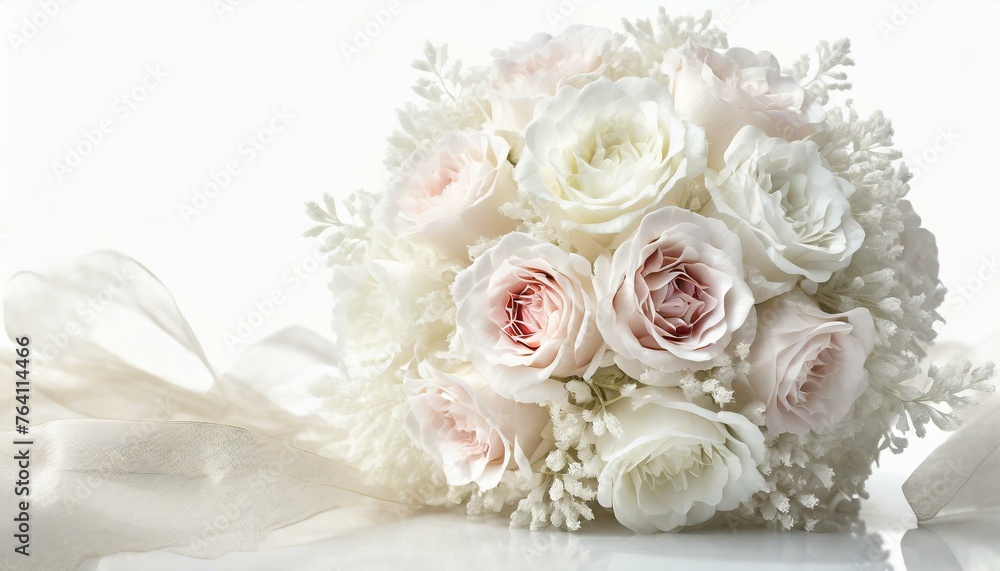 Bukiet ślubny w kształcie kuli z białych i różowych róż i gipsówki na białym tle - obrazy, fototapety, plakaty 