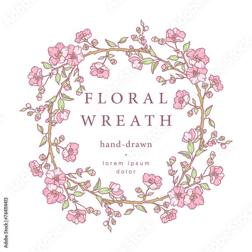 Luxury hand drawn circle frame with spring blooming branches, leaves and flowers. Elegant vintage wreath. Vector illustration for label, branding, wedding invitation, greeting card, save the date