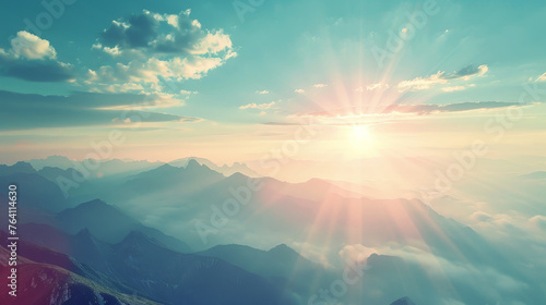 The sun is shining brightly on the mountains, creating a beautiful