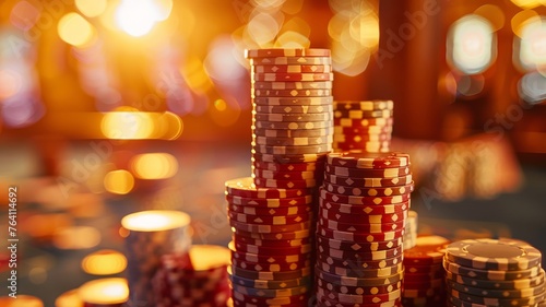 Elegant stack of glowing casino chips in warm light ambiance