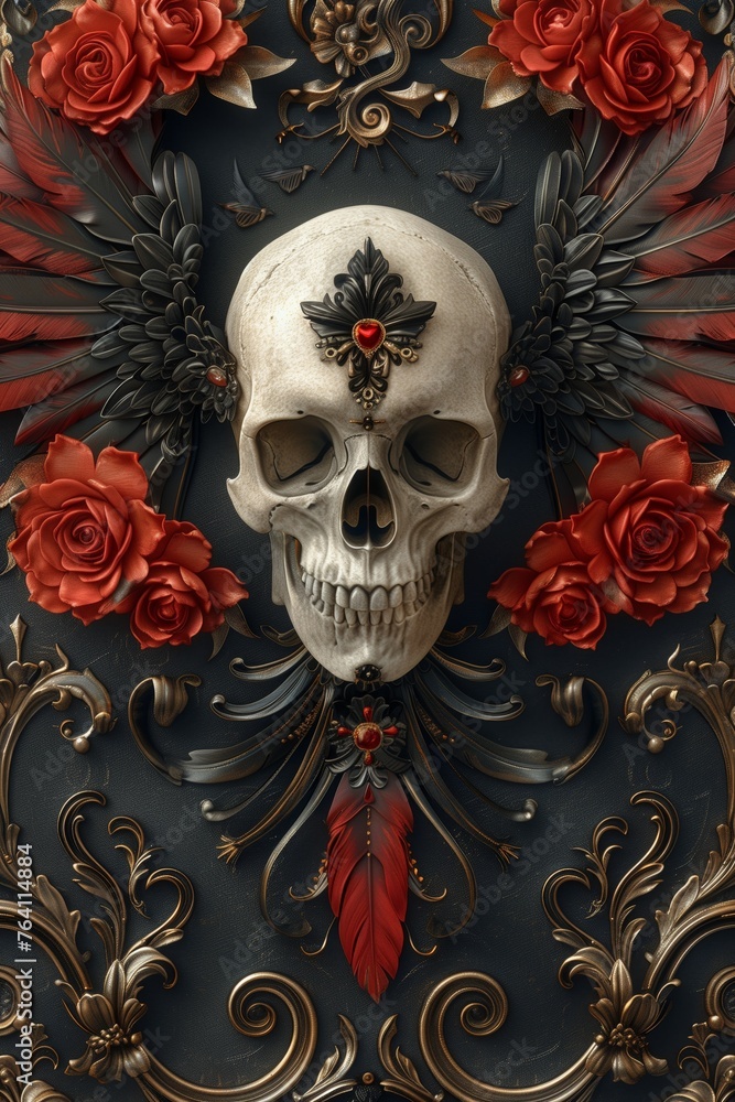 Decorative skull with baroque and floral elements