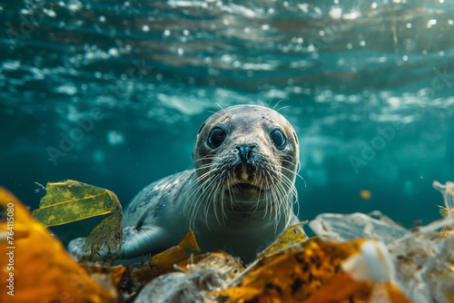 Marine animals that must face environmental disasters Garbage and plastic in the sea   © VRAYVENUS