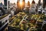 Rooftop gardens thriving amidst skyscrapers, creating a green oasis above the city.