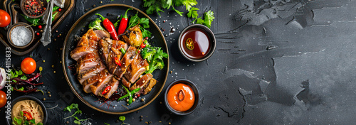 Traditional roasted turkey with herbs and sauce banner. Baked duck breast with aromatic spices on a black plate on dark background. Restaurant menu, recipe. Baked chicken with vegetables. Copy space photo