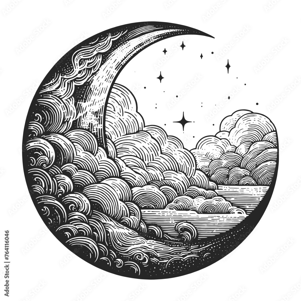Vintage celestial engraving of a crescent moon encompassing a sun with swirling clouds and stars. Sketch engraving generative ai vector illustration. Scratch board imitation. Black and white image. - obrazy, fototapety, plakaty 