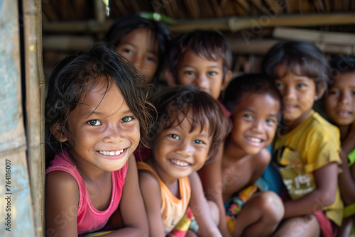 Innocence Amidst Adversity: Smiling Girl Leading a Group of Children from a Developing Nation