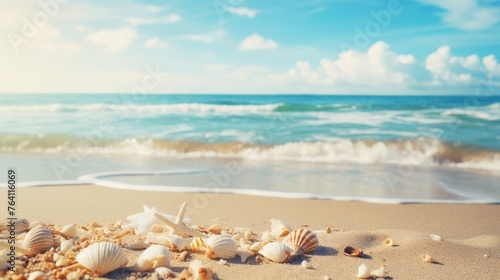 Tranquil coastal beauty seashells scattered on sandy beach, serene travel concept