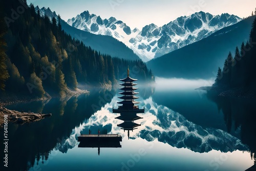 A serene lake mirroring a snow-capped mountain range with a solitary pagoda nestled by the water's edge. photo