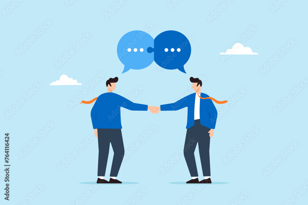 Two businessmen shaking hands with speech bubble jigsaw connected, illustrating successful communication, discussions. Concept of interviews leading to business agreements, or partnership deals Two businessmen shaking hands with speech bubble jigsaw connected, illustrating successful communication, discussions. Concept of interviews leading to business agreements, or partnership deals