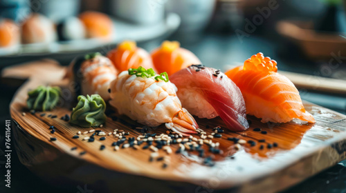 Delicious sushi set on the table in the kitchen or restaurant interior. Japanese cuisine. Homemade sushi and rolls set on the table top. Healthy seafood. Restaurant menu. sushi set nigiri, sashimi
