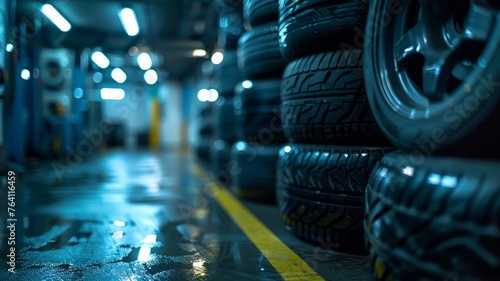 Stacked new car tires glistening in a professional garage setting photo