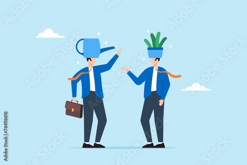 Mentor with watering can head helps businessman with plant heads to grow, illustrating mentorship for career growth. Concept of coaching or education, offering help, assistance, and business support