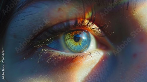 An eye of woman with rainbow light