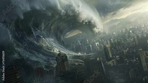 A huge tsunami wave engulfing the city photo