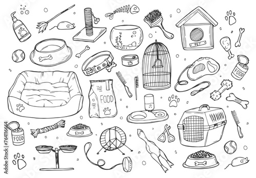 Hand drawn doodle Pets stuff and supply icons set. Vector illustration. Vet symbol collection. Cartoon dogs and cats care elements: kennel, leash, food, paw, bowl, bone and other goods for pet shop