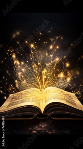 Golden magic book with spells, golden glow around   © Katya