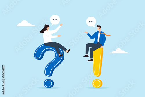 Businessman and businesswoman sit on question and answer mark, illustrating qa session. Concept of faq, and discussions to find solutions, brainstorm ideas, conversation, or quiz