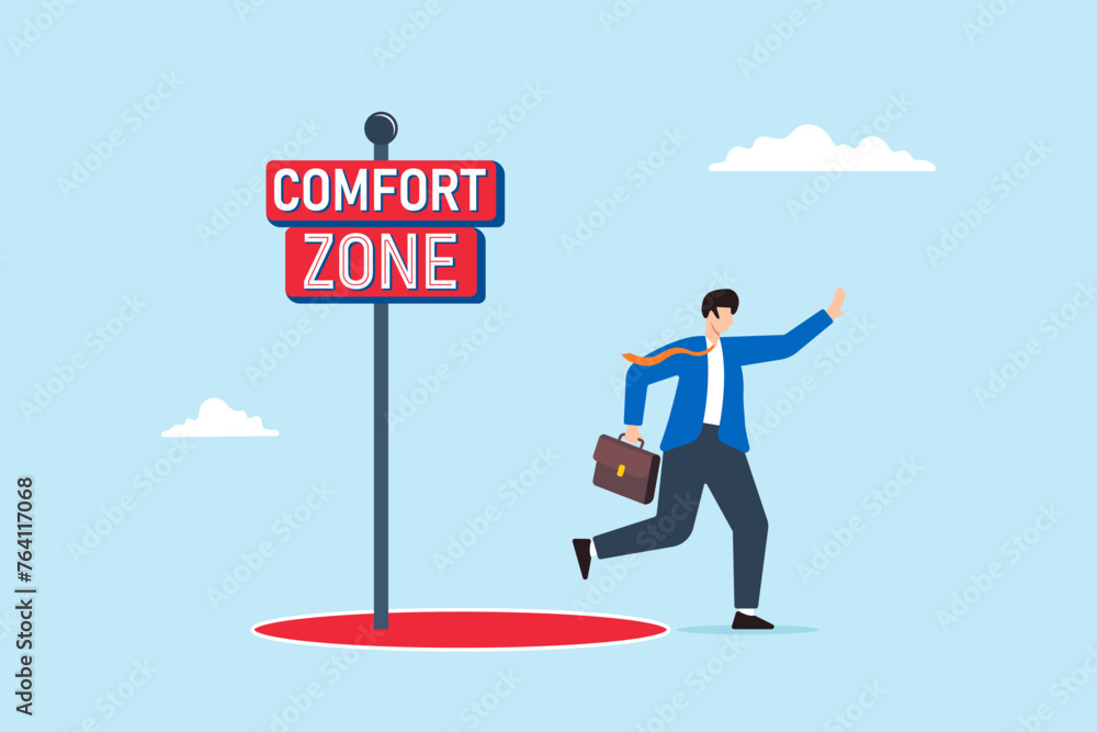 Obraz premium Businessman steps out of comfort zone circle, illustrating initiative to get out of safe zone. Concept of courage, determination, explore new opportunities, and overcome limitations