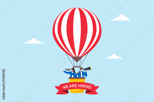 Business people in hot air balloons searching for new candidate employees, illustrating hiring and recruitment hr human resources. Concept of career searches, job vacancies, and work opportunities