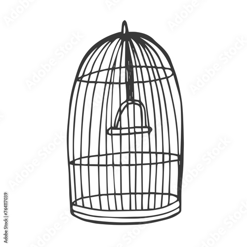 Hand drawn cute outline illustration of open cage. Flat vector release feelings and emotions in colored doodle style. Liberation, freedom concept sticker, icon or print.