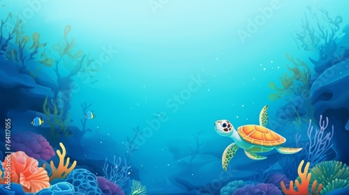 A banner with a turtle on a blue background and copy space. The concept of World Turtle Day.  © Katya