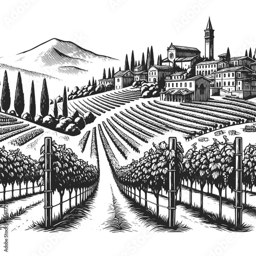 serene Tuscan vineyard landscape with a traditional villa, cypress trees, and distant hills. Sketch engraving generative ai vector illustration. Scratch board imitation. Black and white image.