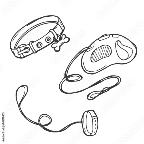 Doodle dog leash line set sketch in vector
