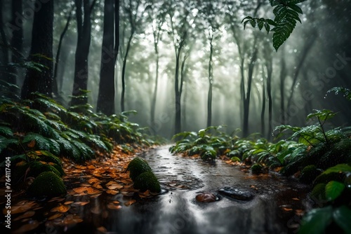 A gentle rain shower passing through the forest  with droplets glistening on leaves and creating a refreshing aura in the woods.