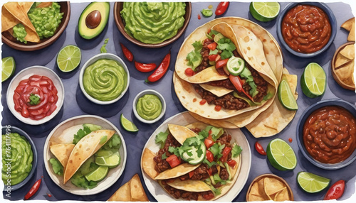 Watercolor Illustration Of Mexican Feast With Tacos And Guacamole Banner