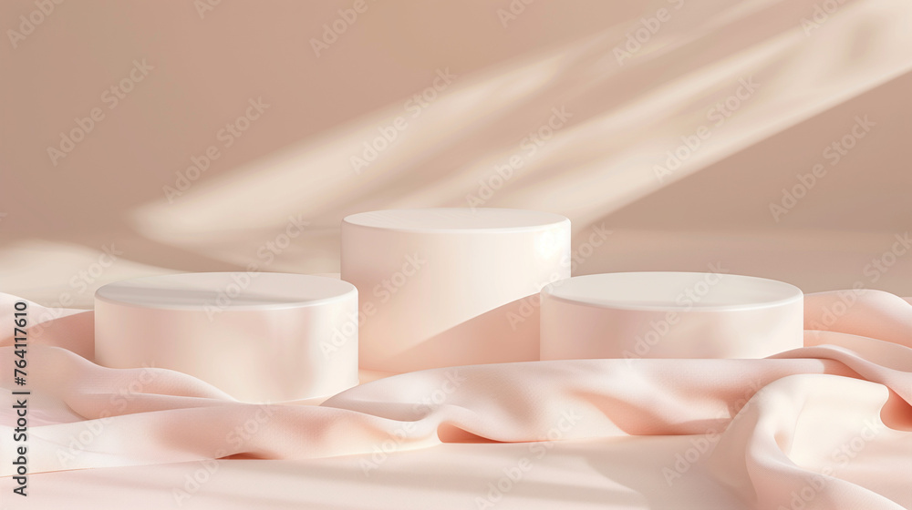 3D rendering, minimalism clean background with three round podiums on the right side of the picture, light pink and beige colors, silk fabric in soft tones, high resolution, soft shadows 3D rendering, minimalism clean background with three round podiums on the right side of the picture, light pink and beige colors, silk fabric in soft tones, high resolution, soft shadows