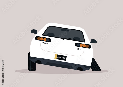 Solitary Car Awaiting Rescue After Wheel Detachment, a white vehicle sits lopsided, one wheel detached, in a post-accident scene