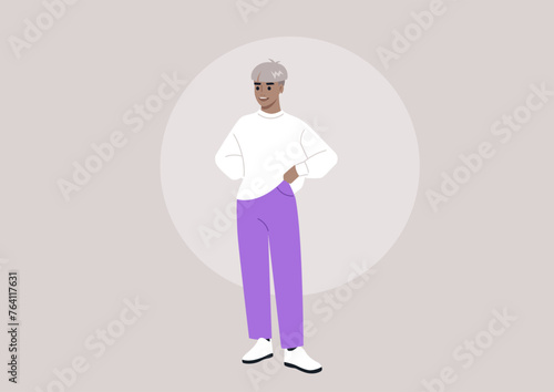A silver-haired gender neutral figure stands confidently, dressed in trendy purple pants and a crisp white top