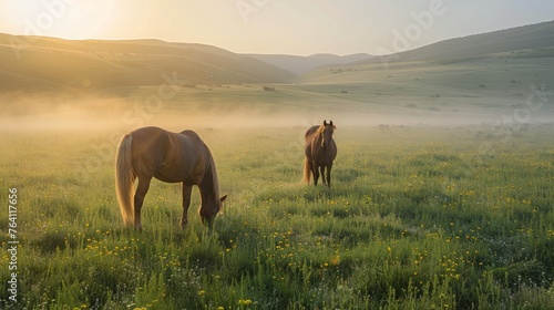 In the morning on the grassland grazing horses, with light dust, scenery © SHI