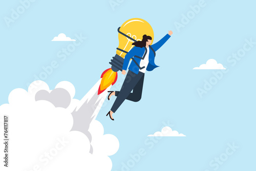 Businesswoman flying high using lightbulb jetpack, illustrating innovation and creativity. Concept of ideas, motivation to reach success goals, career development, and business growth