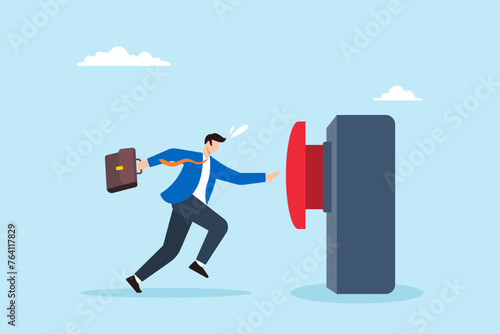 Businessman running to push red start button, illustrating entrepreneurship and initiation new business. Concept of startup project, seizing opportunities, making decisions, and motivation