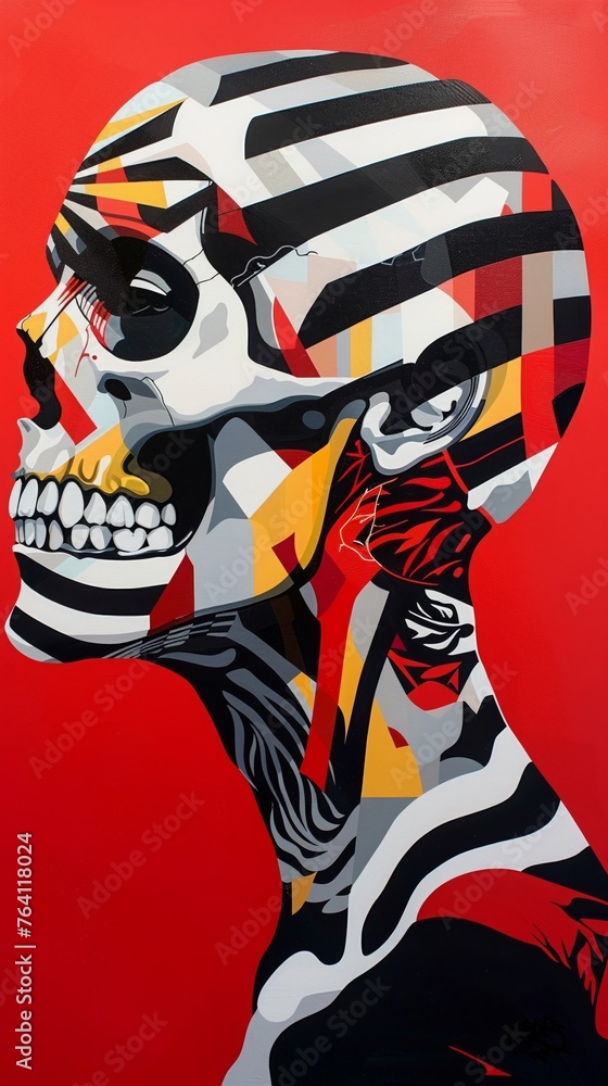 Geometric Art of Pop art skull with zebra stripes, wild contrast, fashion forward, side shot