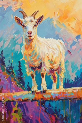 Fauvism of Goat practicing balance on a beam, mountain backdrop, serene morning photo