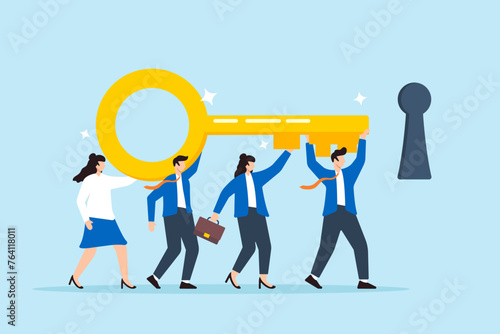 Business team collaborates to carry big key towards keyhole, illustrating teamwork achievement and key to success. Concept of working together to solve problems, career opportunities, unlock secrets