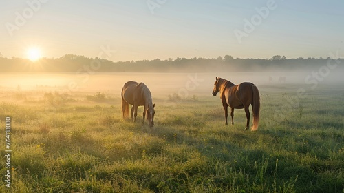 In the morning on the grassland grazing horses  with light dust  scenery