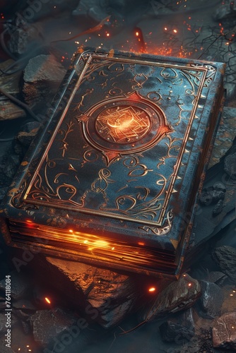 Isometric Art of Mystic spellbook, ancient leather cover, glowing symbols, overhead angle