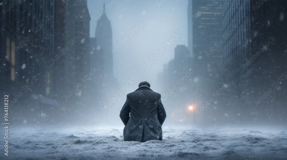 A trader walks in a cold snowing street. Finance and investment theme concept. A trader walks in a cold snowing street. Finance and investment theme concept.