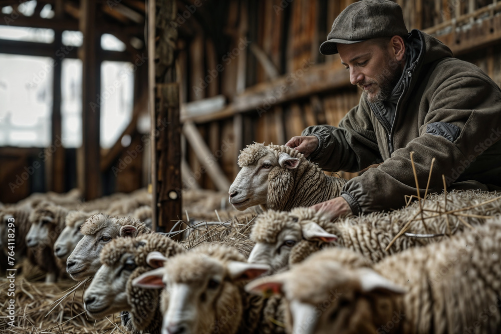 Fototapeta premium Shepherd tending to his flock in the barn