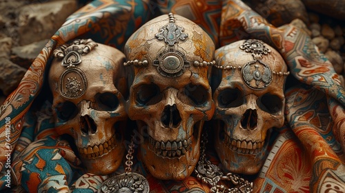 Photorealism of Ancient tribal skulls, earth tones, spiritual depth, highresolution focus © Holly