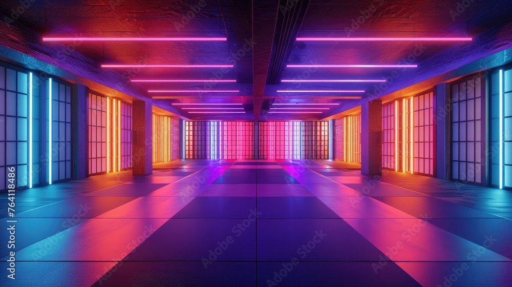 A modern martial arts dojo with neon warrior motifs and spacious training mats