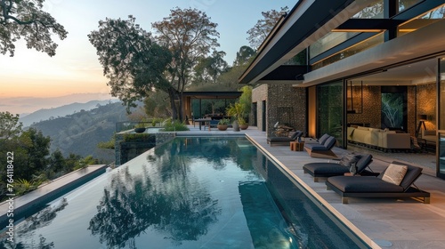 A home with an infinity edge pool that blends into the surrounding landscape photo