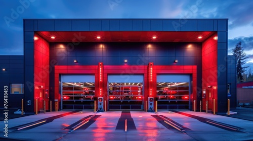 A modern fire station with neon safety signs and state-of-the-art equipment