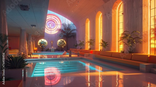 A modernist church with neon spiritual motifs and peaceful prayer areas photo